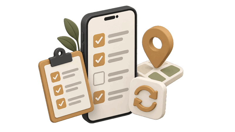 Ilustración isométrica de un teléfono con lista de verificación, un portapapeles y un marcador de mapa
