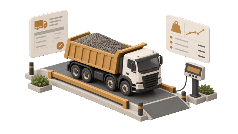 Ilustración isométrica de un camión de carga sobre una báscula industrial conectada a un monitor