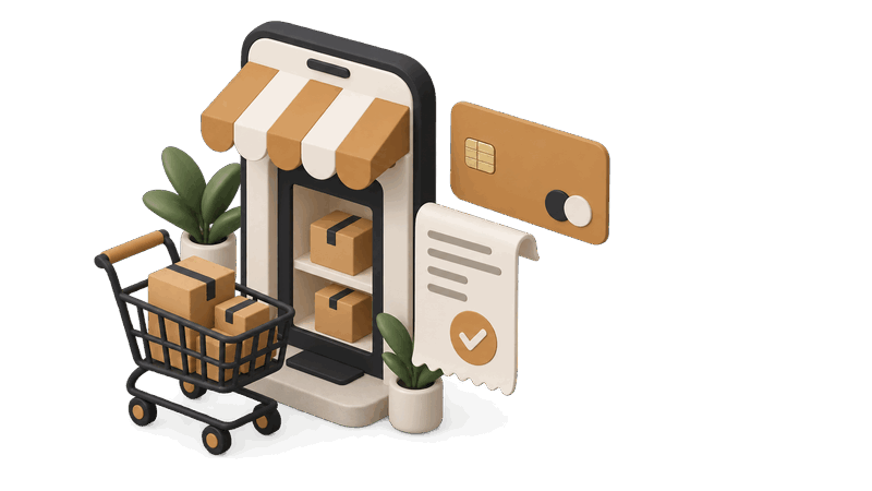 Ilustración isométrica de una tienda en línea con carrito de compras, tarjeta de pago y recibo
