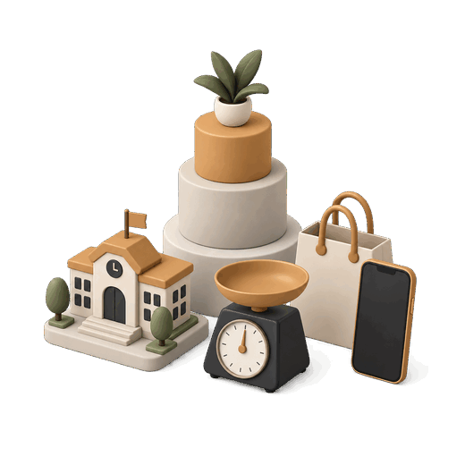 Ilustración isométrica de una torre de plataformas con una escuela, una báscula industrial, una bolsa de compras y un teléfono