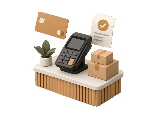 Ilustración isométrica de una terminal de pago, una tarjeta bancaria y cajas de producto
