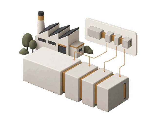Ilustración isométrica de un bloque monolítico dividiéndose en módulos frente a una planta industrial
