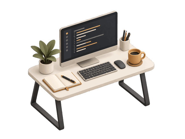 Ilustración isométrica de un escritorio de trabajo con monitor, teclado, cuaderno, café y una planta