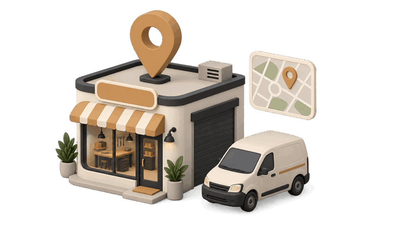 Ilustración isométrica de un taller local con un marcador de ubicación, una camioneta de reparto y un panel de mapa